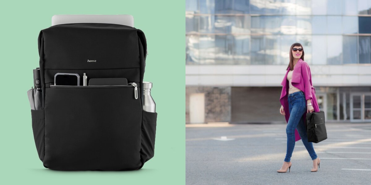 Plecak na laptopa HAMA Ultimate 16.2 cali Czarny Plecak biznesowy Hama z akcesoriami w przedniej kieszeni oraz kobieta niosąca plecak w ręku w mieście.