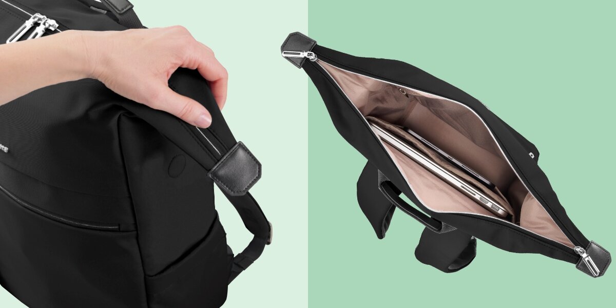 Plecak na laptopa HAMA Ultimate 16.2 cali Czarny Zbliżenie na zamek błyskawiczny plecaka Hama oraz wgląd do wnętrza z bezpieczną przegrodą na laptopa.