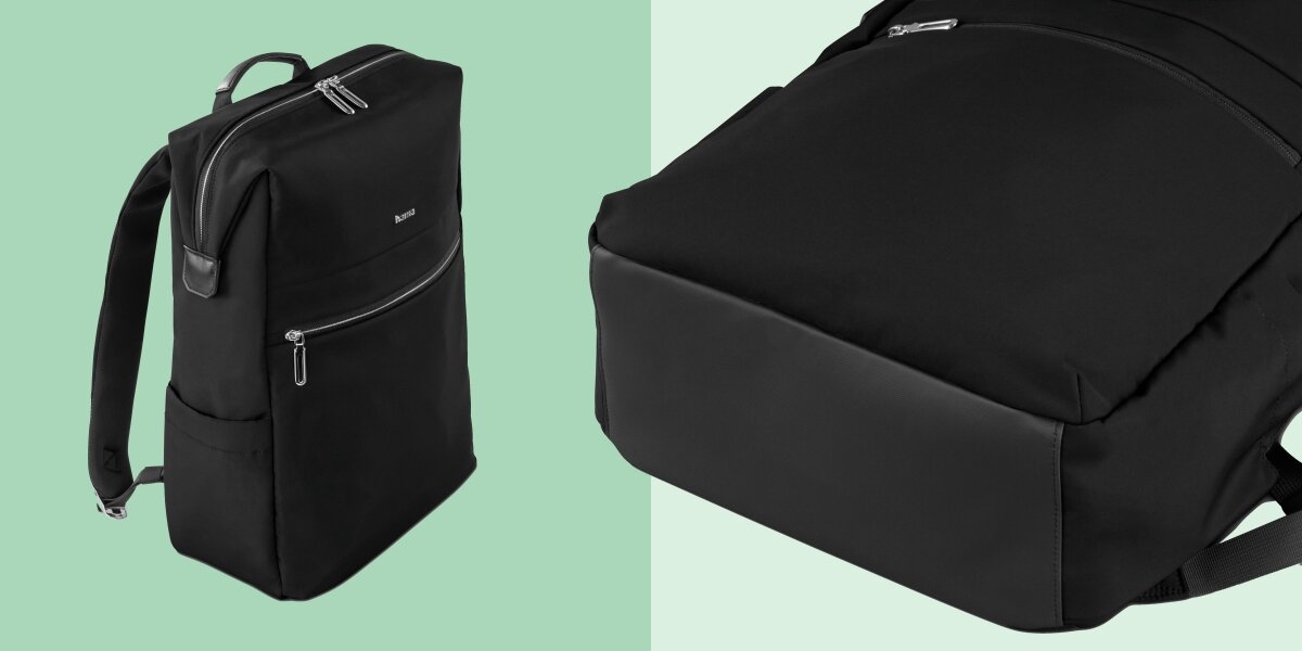 Plecak na laptopa HAMA Ultimate 16.2 cali Czarny Smukły profil czarnego plecaka Hama oraz zbliżenie na wzmocniony, wodoodporny materiał na spodzie.