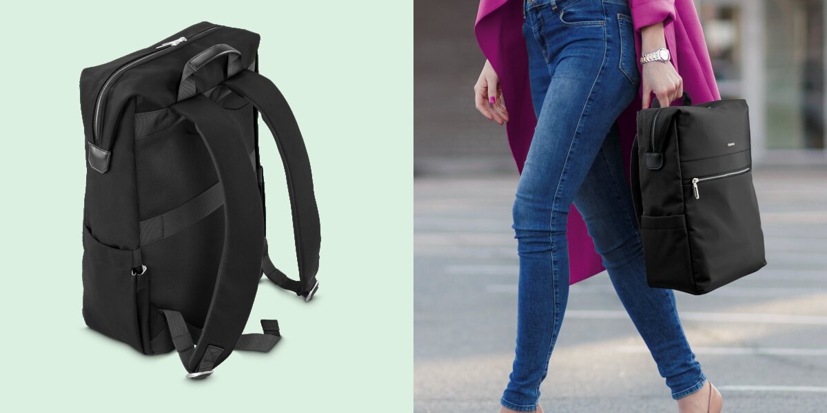 Plecak na laptopa HAMA Ultimate 16.2 cali Czarny Tył plecaka Hama z miękkimi szelkami oraz zbliżenie na kobietę idącą z pleczkiem trzymanym za górny uchwyt.