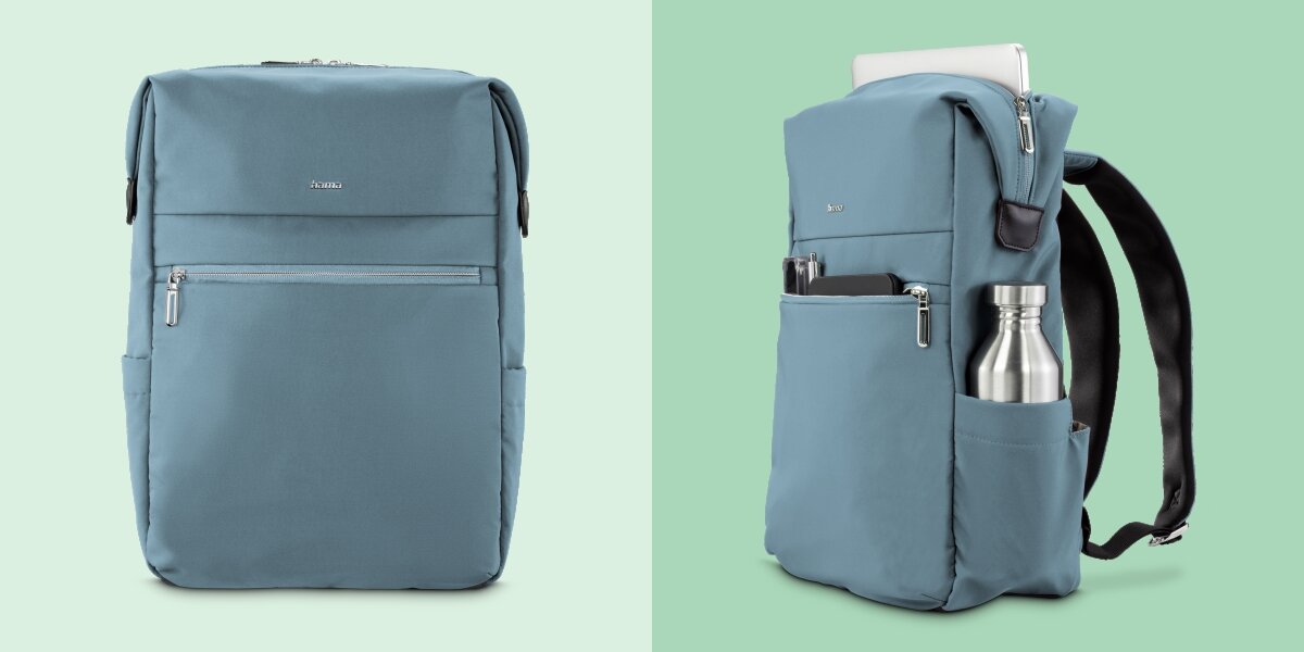 Plecak na laptopa HAMA Ultimate 16.2 cali Niebieski Niebieski plecak Hama widok z przodu oraz z boku z bidonem w kieszeni bocznej i wystającym laptopem.