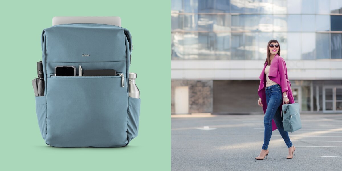 Plecak na laptopa HAMA Ultimate 16.2 cali Niebieski Plecak biznesowy Hama z akcesoriami w przedniej kieszeni oraz kobieta niosąca plecak w ręku w mieście.