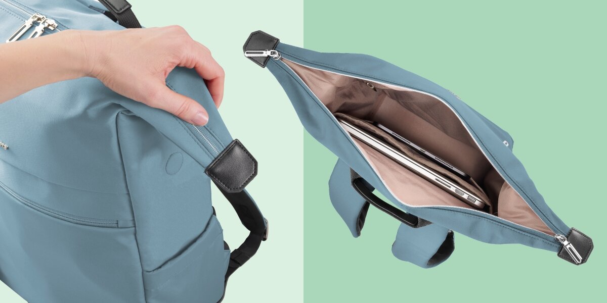 Plecak na laptopa HAMA Ultimate 16.2 cali Niebieski Zbliżenie na zamek błyskawiczny plecaka Hama oraz wgląd do wnętrza z bezpieczną przegrodą na laptopa.