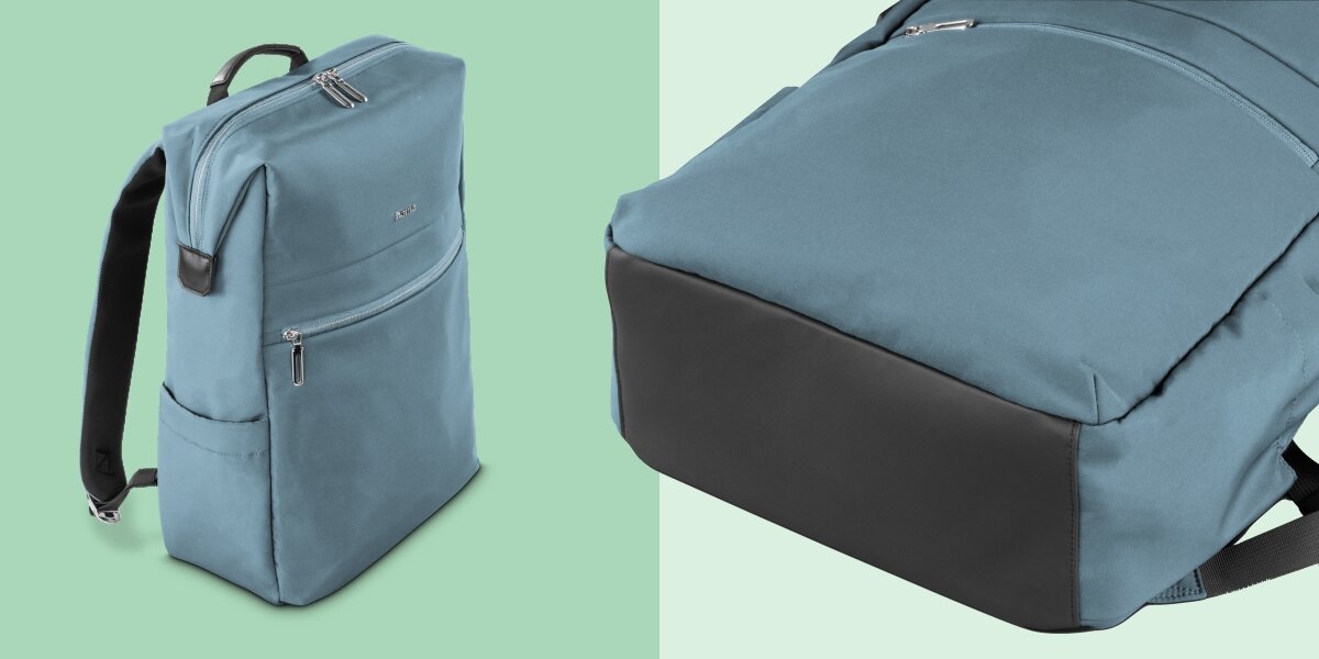 Plecak na laptopa HAMA Ultimate 16.2 cali Niebieski Smukły profil niebieskiego plecaka Hama oraz zbliżenie na wzmocniony, wodoodporny materiał na spodzie.