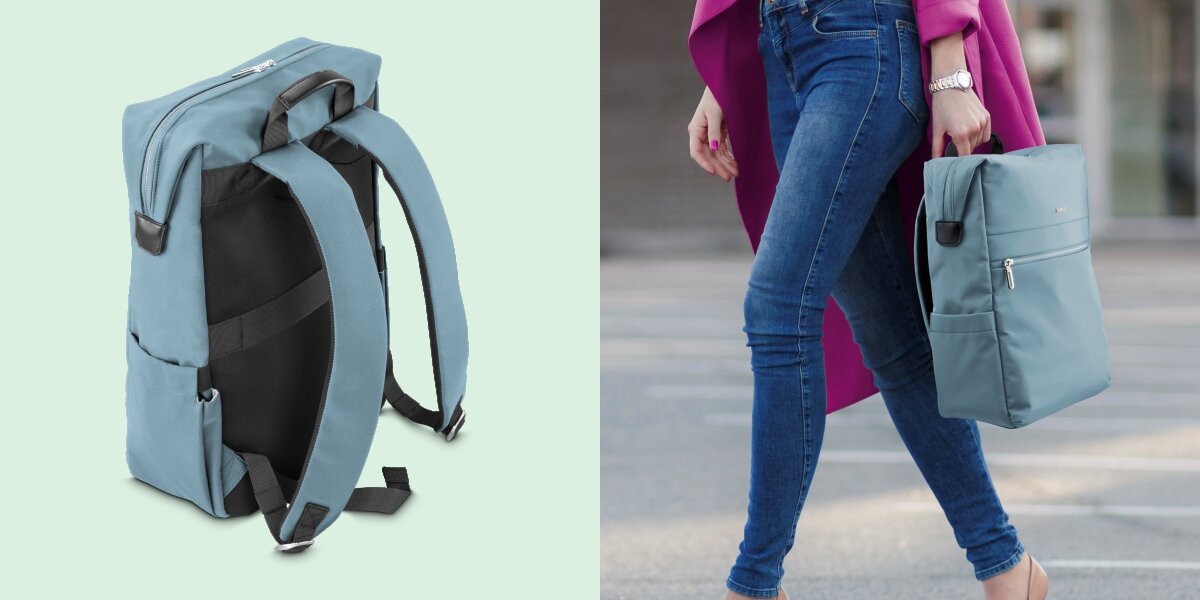 Plecak na laptopa HAMA Ultimate 16.2 cali Niebieski Tył plecaka Hama z miękkimi szelkami oraz zbliżenie na kobietę idącą z pleczkiem trzymanym za górny uchwyt.