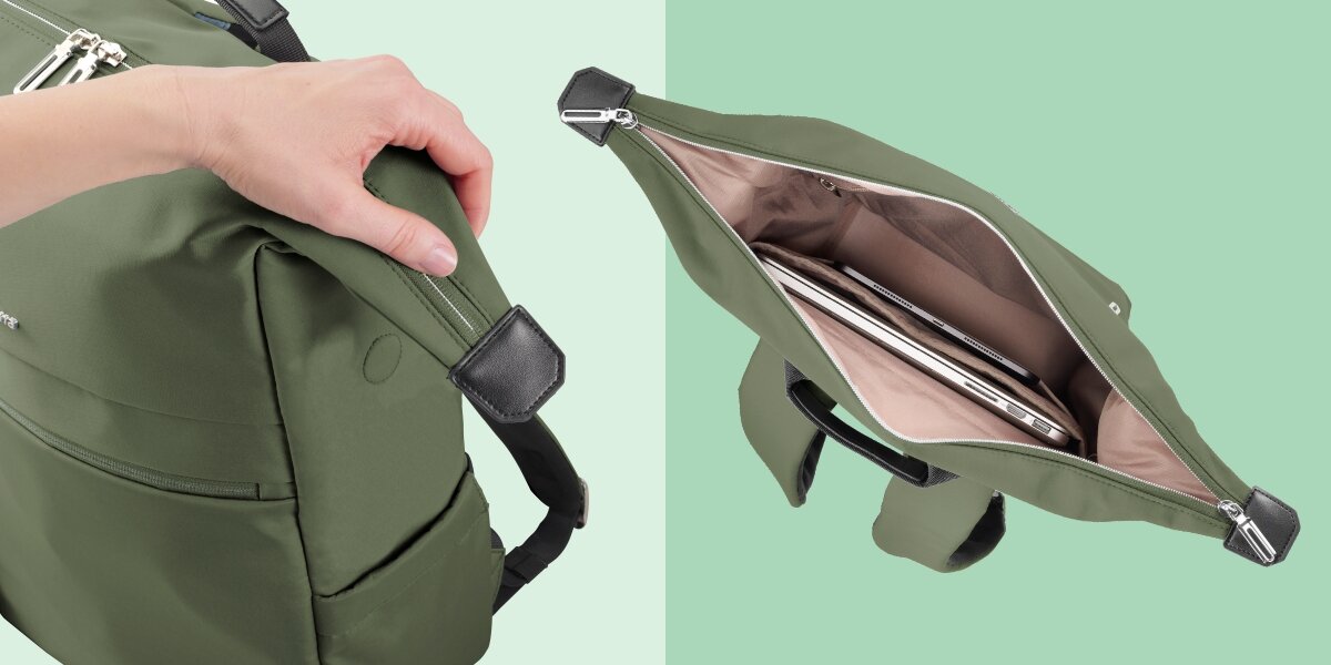 Plecak na laptopa HAMA Ultimate 16.2 cali Zielony Zbliżenie na zamek błyskawiczny plecaka Hama oraz wgląd do wnętrza z bezpieczną przegrodą na laptopa.