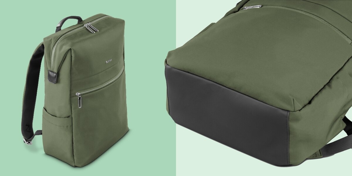 Plecak na laptopa HAMA Ultimate 16.2 cali Zielony Smukły profil plecaka Hama oraz zbliżenie na wzmocniony, wodoodporny materiał na spodzie.