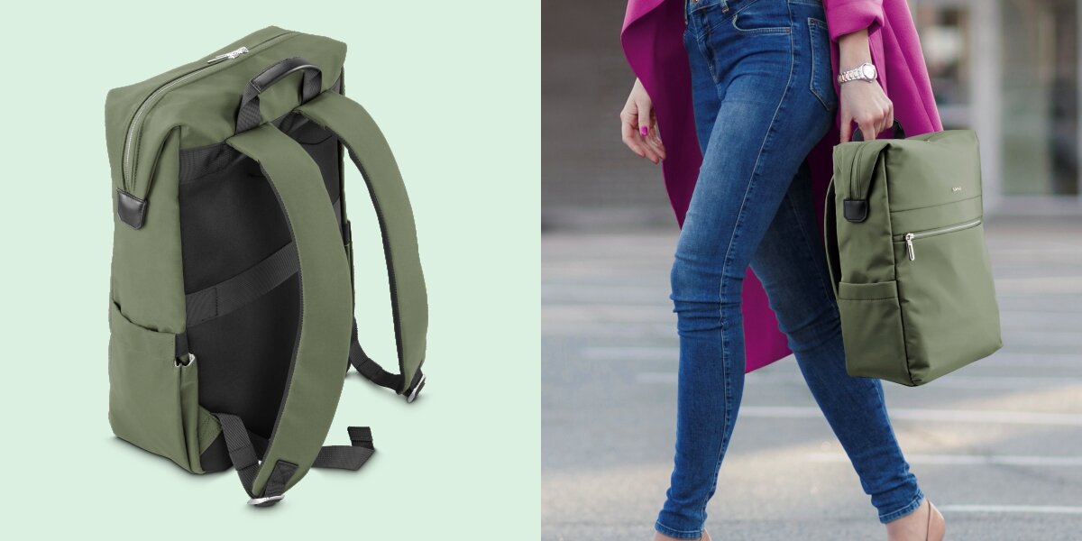 Plecak na laptopa HAMA Ultimate 16.2 cali Zielony Tył plecaka Hama z miękkimi szelkami oraz zbliżenie na kobietę idącą z pleczkiem trzymanym za górny uchwyt.