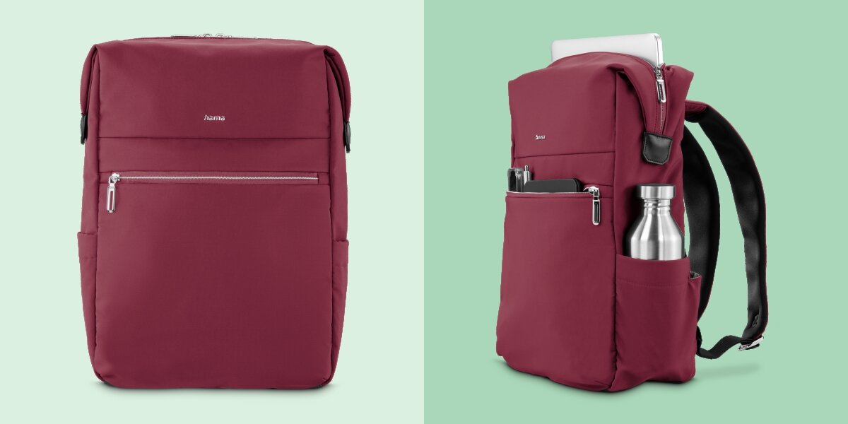 Plecak na laptopa HAMA Ultimate 16.2 cali Czerwony Plecak Hama widok z przodu oraz z boku z bidonem w kieszeni bocznej i wystającym laptopem.
