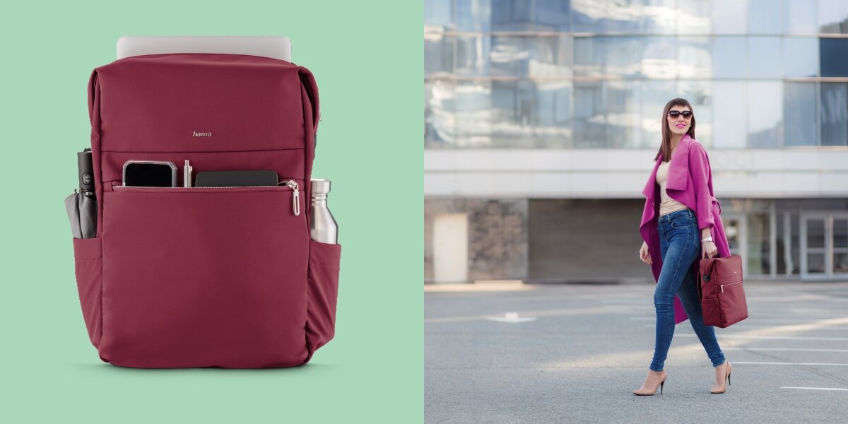 Plecak na laptopa HAMA Ultimate 16.2 cali Czerwony Plecak biznesowy Hama z akcesoriami w przedniej kieszeni oraz kobieta niosąca plecak w ręku w mieście.