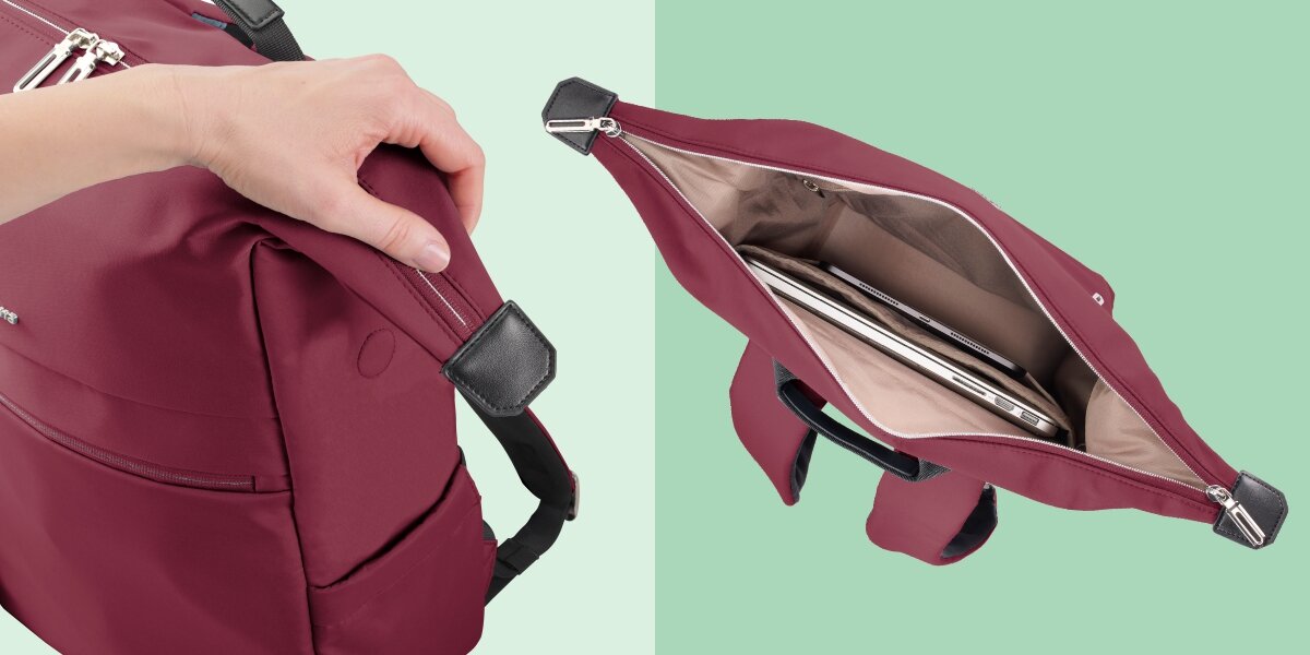 Plecak na laptopa HAMA Ultimate 16.2 cali Czerwony Zbliżenie na zamek błyskawiczny plecaka Hama oraz wgląd do wnętrza z bezpieczną przegrodą na laptopa.