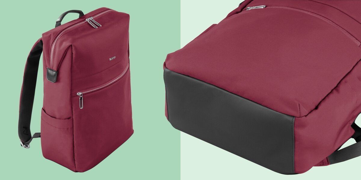 Plecak na laptopa HAMA Ultimate 16.2 cali Czerwony Smukły profil plecaka Hama oraz zbliżenie na wzmocniony, wodoodporny materiał na spodzie.