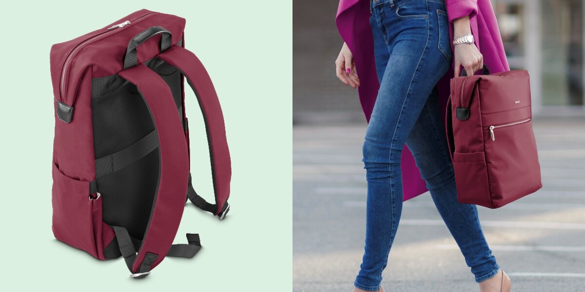 Plecak na laptopa HAMA Ultimate 16.2 cali Czerwony Tył plecaka Hama z miękkimi szelkami oraz zbliżenie na kobietę idącą z pleczkiem trzymanym za górny uchwyt.