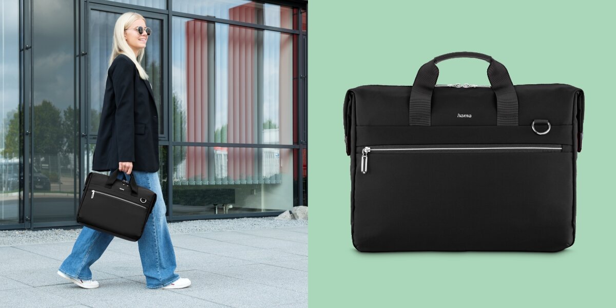 Torba na laptopa HAMA Ultimate 13.3 - 14.1 cala Czarny Elegancka czarna torba biznesowa Hama trzymana w dłoni przez kobietę oraz widok torby od przodu na zielonym tle.