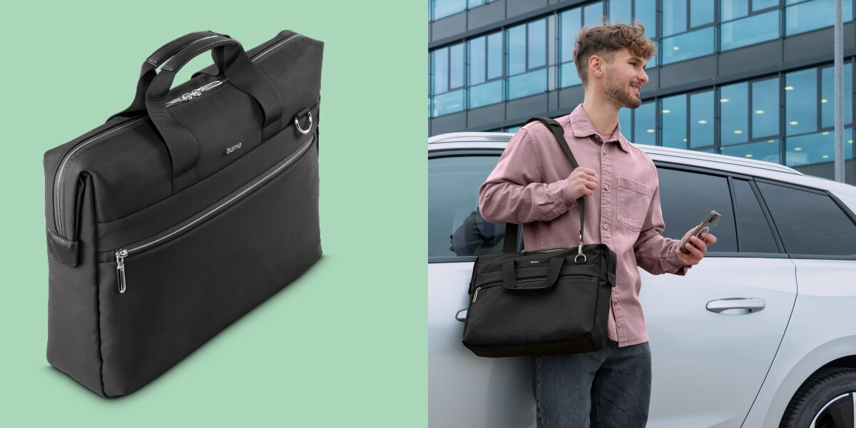 Torba na laptopa HAMA Ultimate 13.3 - 14.1 cala Czarny Czarna torba na ramię Hama niesiona przez mężczyznę oraz zbliżenie produktu prezentujące nowoczesny design.