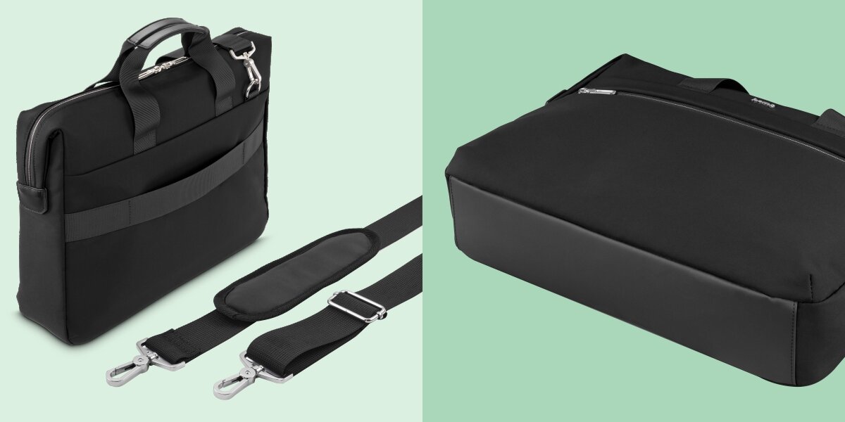 Torba na laptopa HAMA Ultimate 13.3 - 14.1 cala Czarny Tył czarnej torby Hama z pasem do mocowania na walizce oraz widok na wzmocniony, szeroki spód torby.