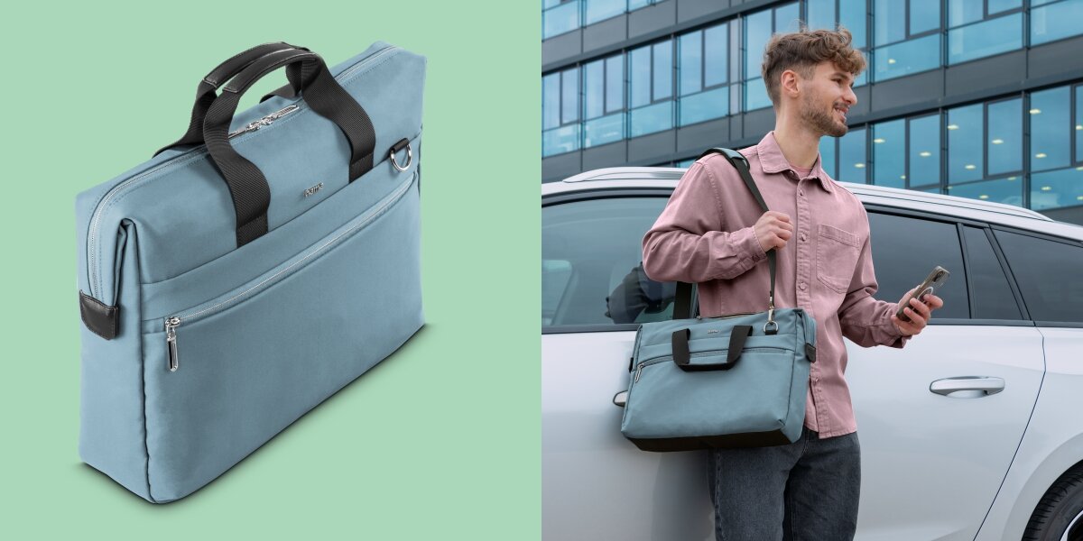 Torba na laptopa HAMA Ultimate 13.3 - 14.1 cala Niebieski Torba na ramię Hama niesiona przez mężczyznę oraz zbliżenie produktu prezentujące nowoczesny design.