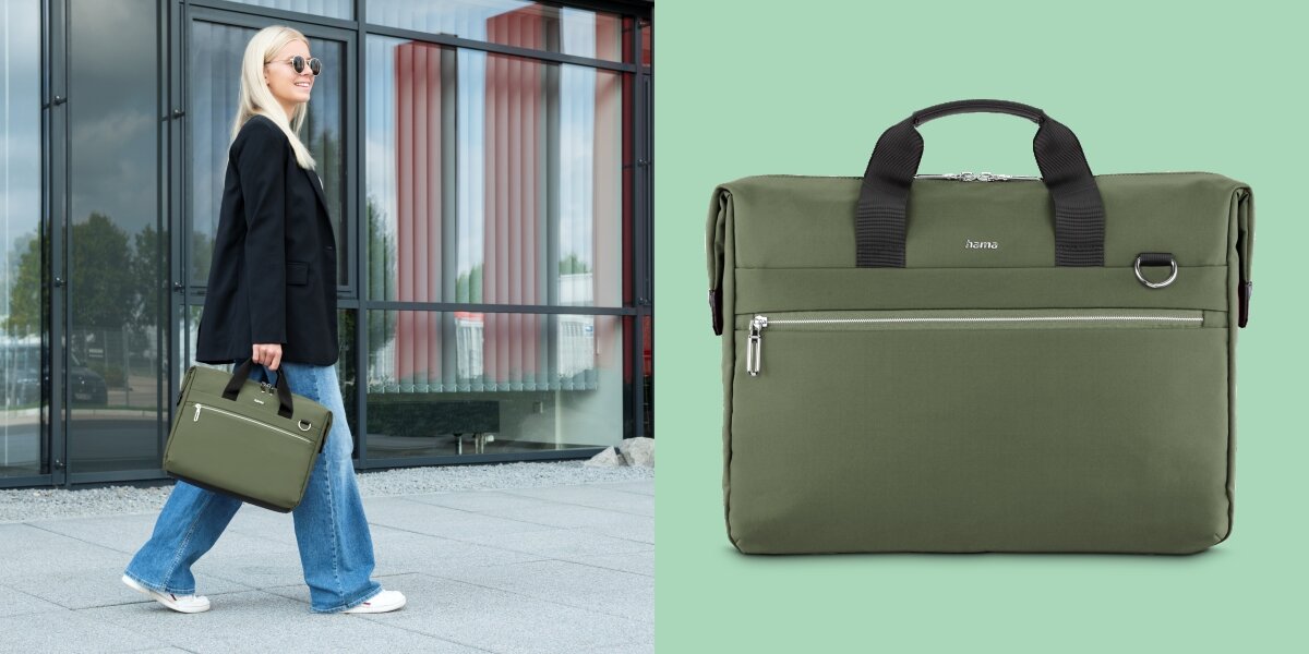 Torba na laptopa HAMA Ultimate 13.3 - 14.1 cala Niebieski Elegancka torba biznesowa Hama trzymana w dłoni przez kobietę oraz widok torby od przodu na zielonym tle.