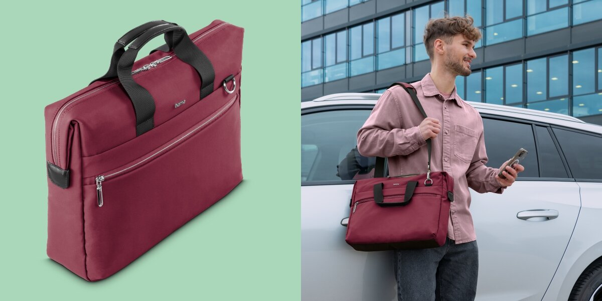 Torba na laptopa HAMA Ultimate 13.3 - 14.1 cala Niebieski Torba na ramię Hama niesiona przez mężczyznę oraz zbliżenie produktu prezentujące nowoczesny design.