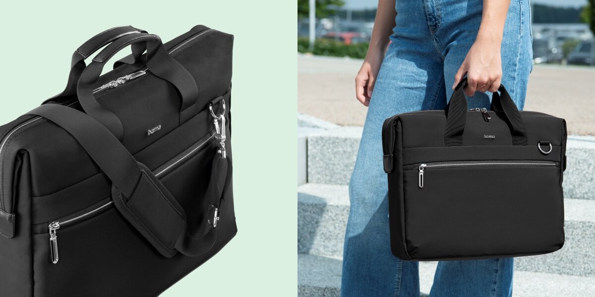 Torba na laptopa HAMA Ultimate 15.6 - 16.2 cala Czarny Torba Hama z dopiętym paskiem na ramię oraz widok torby trzymanej w ręku przez osobę w jeansach.