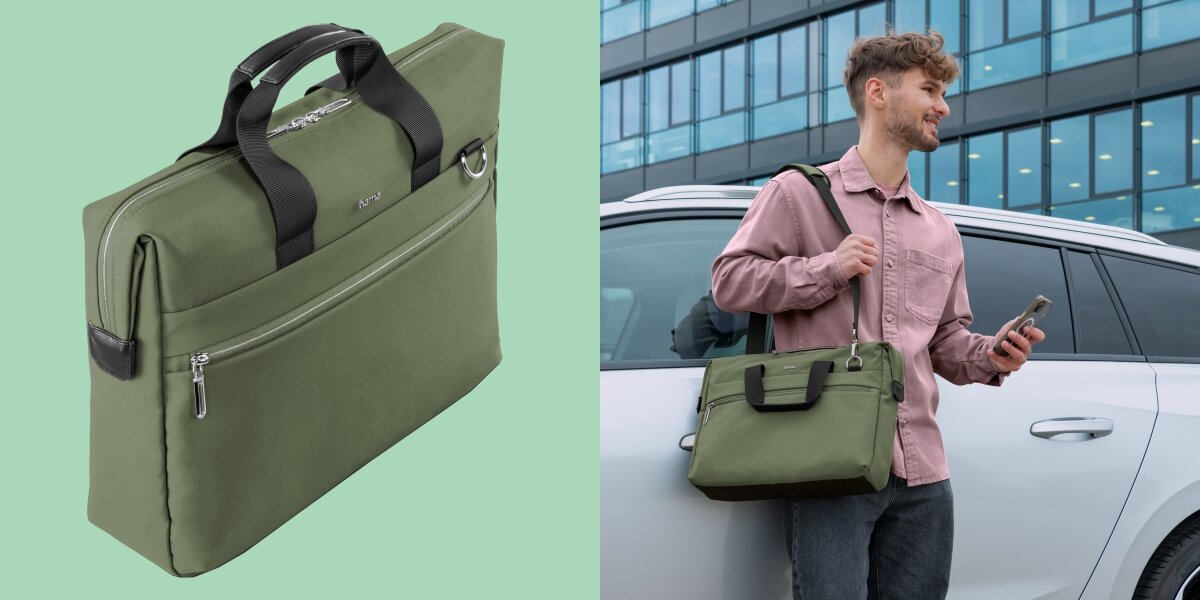 Torba na laptopa HAMA Ultimate 15.6 - 16.2 cala Zielony Torba na ramię Hama niesiona przez mężczyznę oraz zbliżenie produktu prezentujące nowoczesny design.