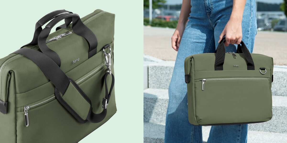 Torba na laptopa HAMA Ultimate 15.6 - 16.2 cala Zielony Torba Hama z dopiętym paskiem na ramię oraz widok torby trzymanej w ręku przez osobę w jeansach.