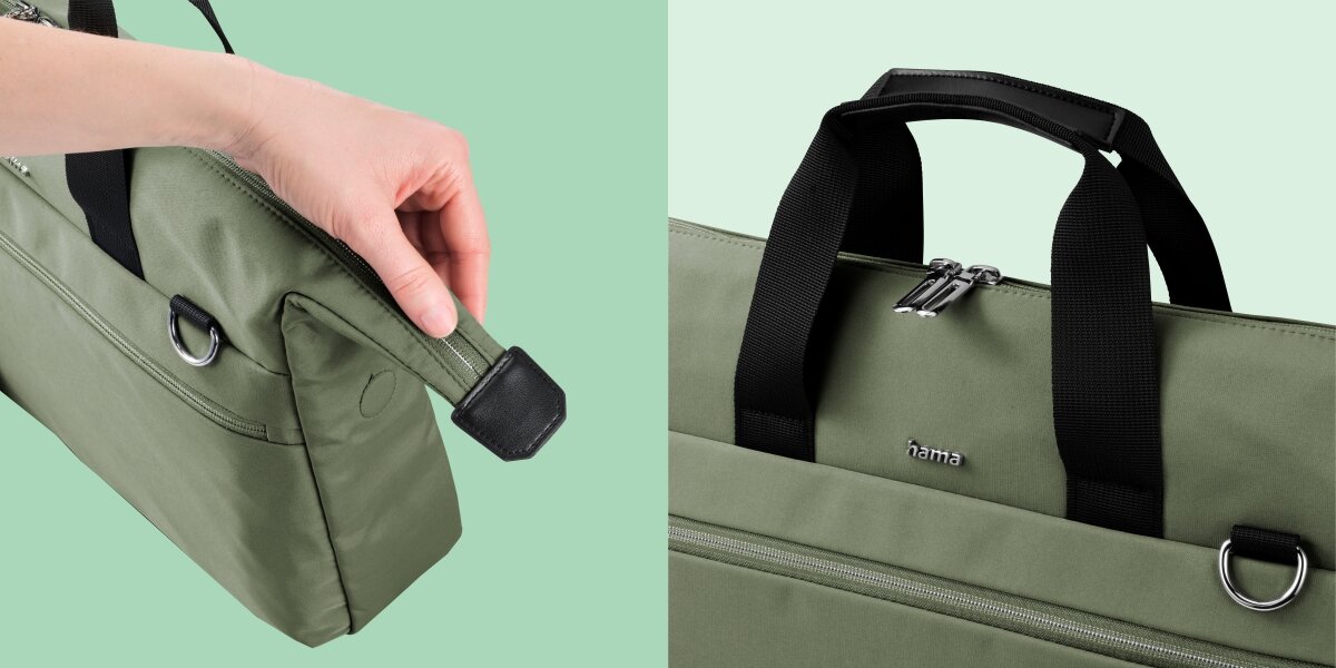 Torba na laptopa HAMA Ultimate 15.6 - 16.2 cala Zielony Zbliżenie na detale torby Hama: solidny zamek błyskawiczny oraz miękko wyściełane rączki do przenoszenia.