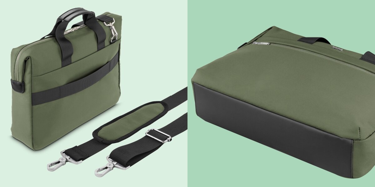 Torba na laptopa HAMA Ultimate 15.6 - 16.2 cala Zielony Tył torby Hama z pasem do mocowania na walizce oraz widok na wzmocniony, szeroki spód torby.