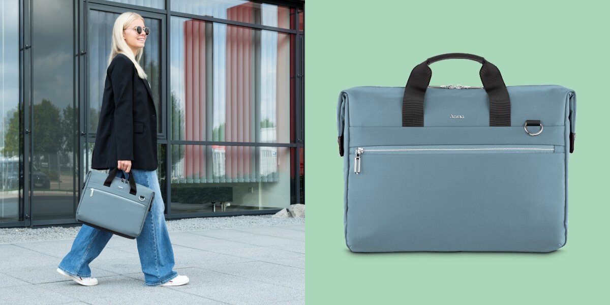 Torba na laptopa HAMA Ultimate 15.6 - 16.2 cala Niebieski Elegancka torba biznesowa Hama trzymana w dłoni przez kobietę oraz widok torby od przodu na zielonym tle.