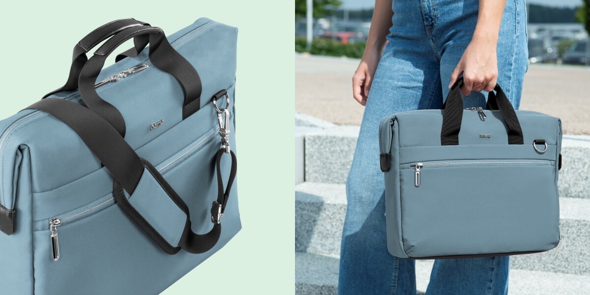 Torba na laptopa HAMA Ultimate 15.6 - 16.2 cala Niebieski Torba Hama z dopiętym paskiem na ramię oraz widok torby trzymanej w ręku przez osobę w jeansach.