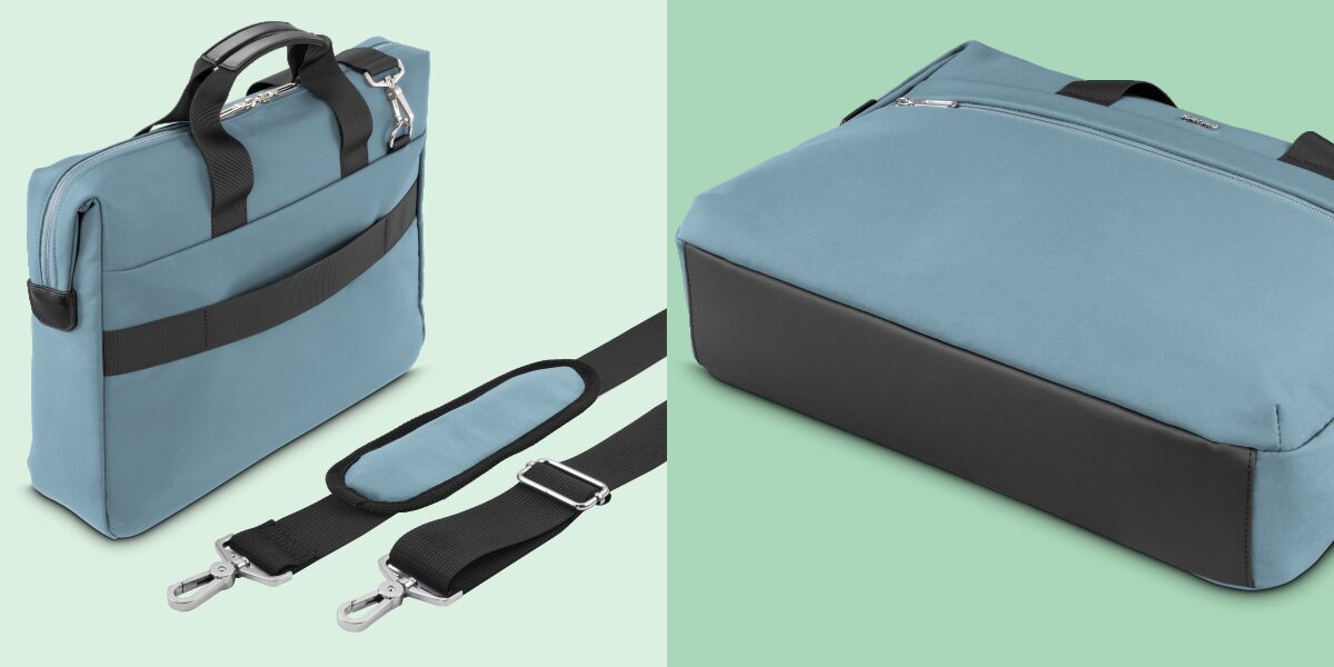 Torba na laptopa HAMA Ultimate 15.6 - 16.2 cala Niebieski Tył torby Hama z pasem do mocowania na walizce oraz widok na wzmocniony, szeroki spód torby.