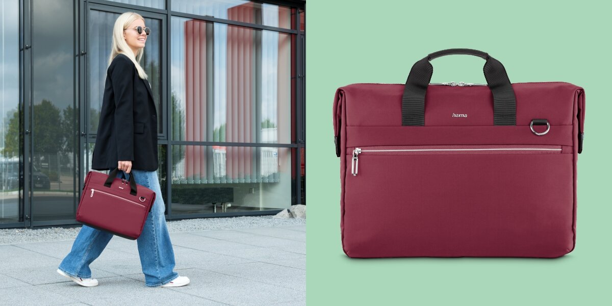 Torba na laptopa HAMA Ultimate 15.6 - 16.2 cala Czerwony Elegancka torba biznesowa Hama trzymana w dłoni przez kobietę oraz widok torby od przodu na zielonym tle.