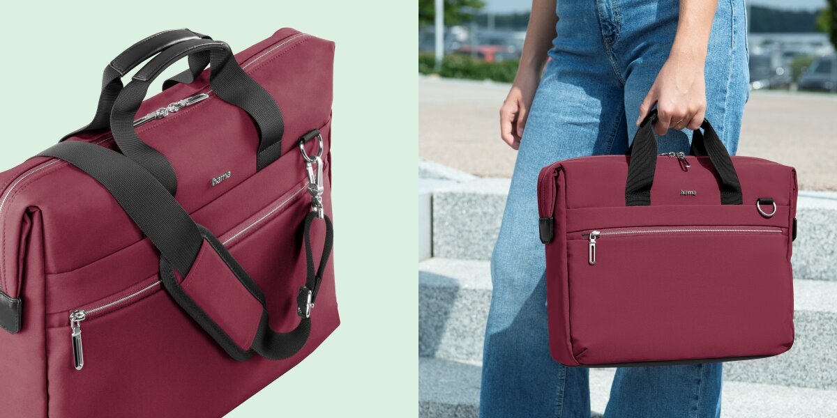 Torba na laptopa HAMA Ultimate 15.6 - 16.2 cala Czerwony Torba Hama z dopiętym paskiem na ramię oraz widok torby trzymanej w ręku przez osobę w jeansach.