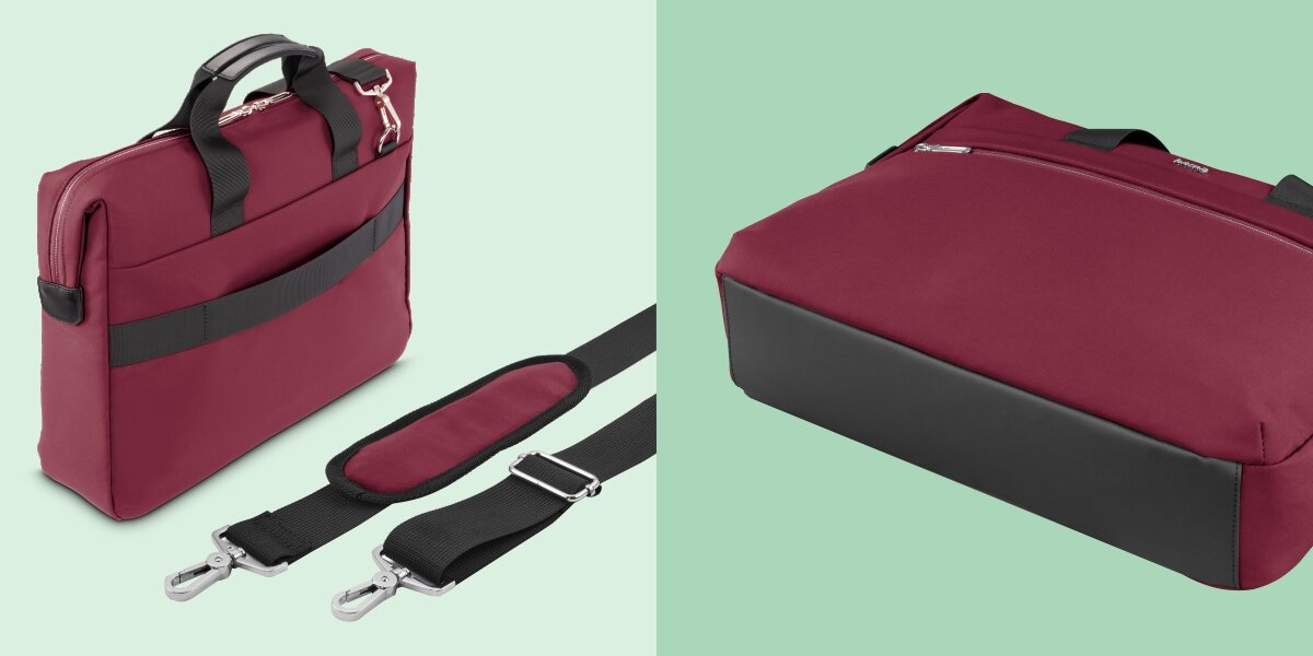 Torba na laptopa HAMA Ultimate 15.6 - 16.2 cala Czerwony Tył torby Hama z pasem do mocowania na walizce oraz widok na wzmocniony, szeroki spód torby.