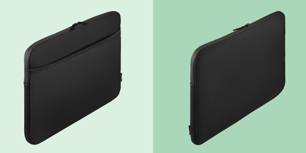 Torba na laptopa HAMA Neoprynowy 14.1-15.6 Prezentacja przodu i tyłu czarnego etui na laptopa Hama w rzucie izometrycznym na jasnym tle. 