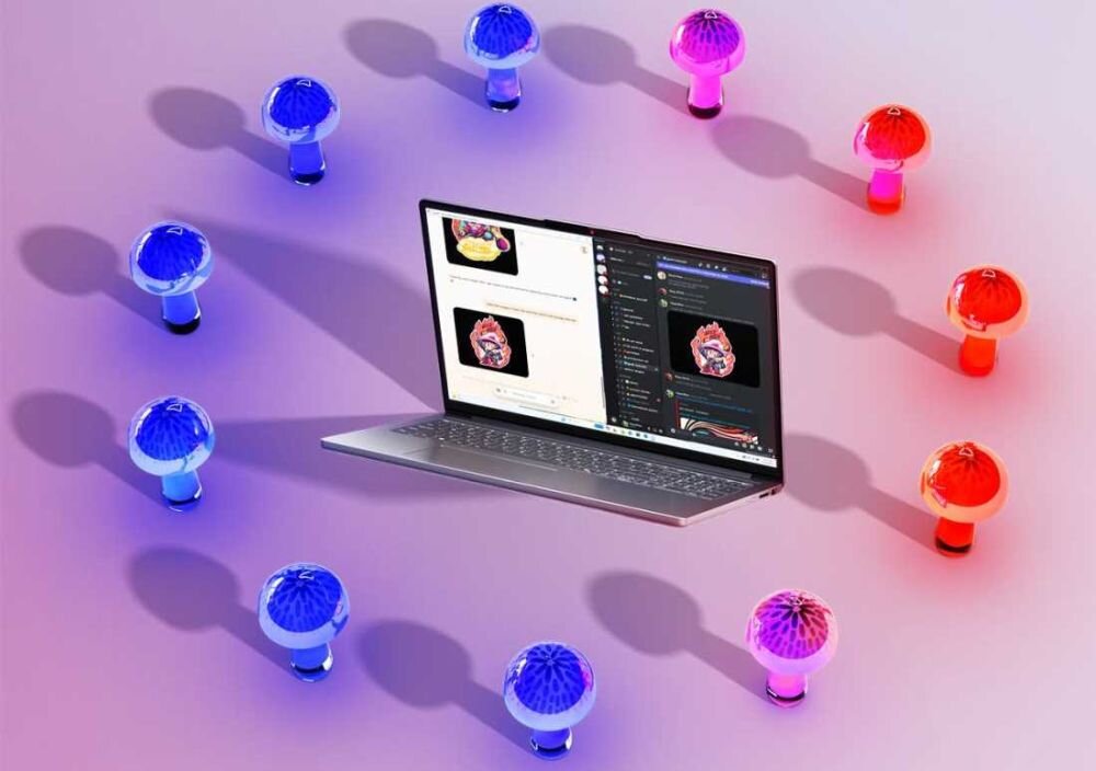 Otwarty laptop Lenovo IdeaPad Slim 3 ustawiony na pastelowym tle, otoczony dwunastoma plastikowymi grzybkami świecącymi na niebiesko i czerwono; na ekranie otwarte dwa komunikatory z kolorowymi naklejkami, całość w kreatywnym, gamingowym klimacie. - Szybko ładująca się bateria Rapid Charge