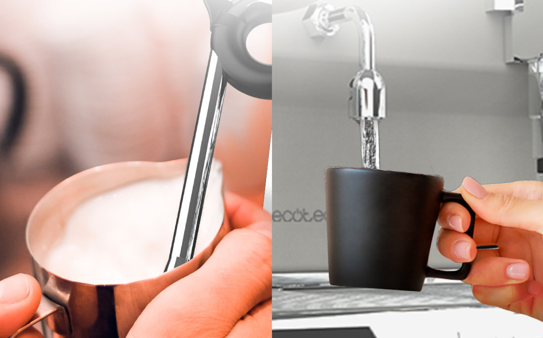 Ekspres CECOTEC Baristeo Gastro Gotowość do intensywnej pracy niezależne krany do kawy i pary moc espresso i spienić mleko