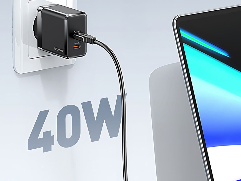 Ładowarka sieciowa USAMS T54 US-CC172 40W Gan Fast Charging Czarny
ładowarka podpięta kablem z napisem 40W
jednoczesne ładowanie dwóch urządzeń moc maksymalna 40W szybkie ładowanie QC3.0, AFC, FCP porty USB-C Huawei, Apple, Xiaomi, Honor, OPPO i Samsung wygodne praktyczne