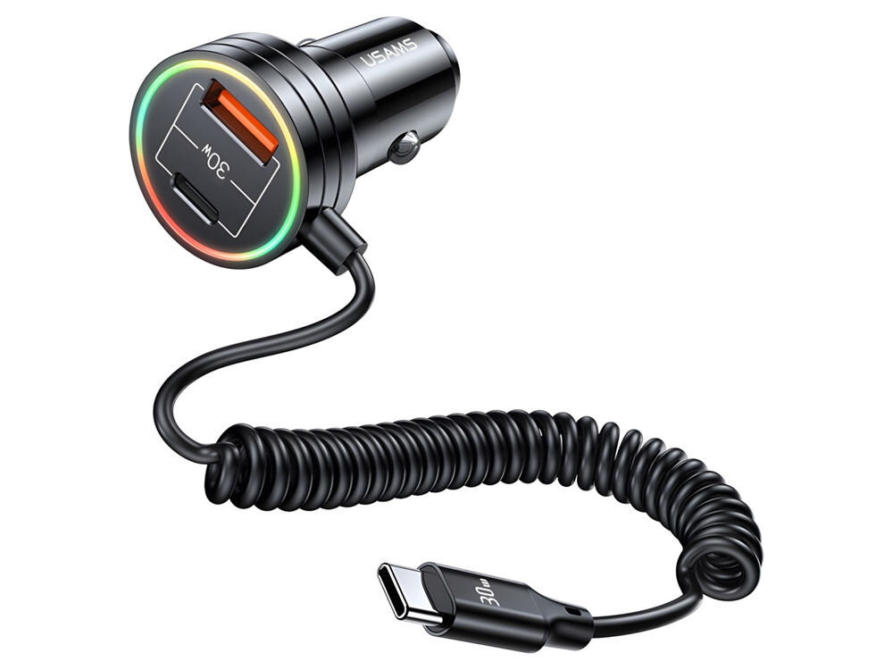 Ładowarka samochodowa USAMS C33 60W Fast Charge Czarny
            ładowarka ze sprężynowym kablem na białym tle
            porządek funkcjonalność zintegrowany sprężynowy kabel USB-C długość 100 cm ułatwia przechowywanie wygoda