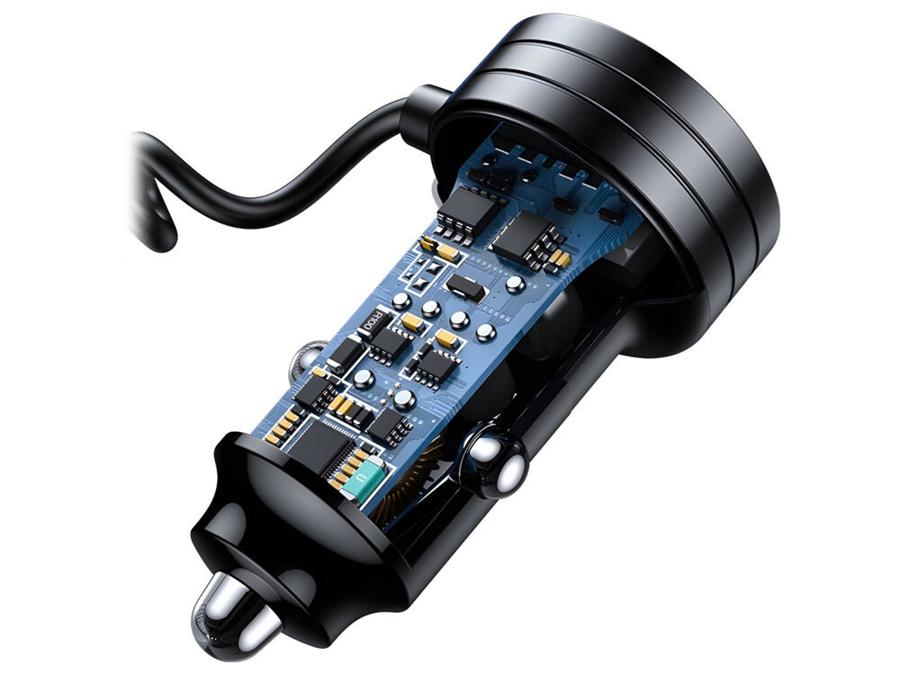 Ładowarka samochodowa USAMS C33 60W Fast Charge Czarny
            wnętrze ładowarki na białym tle
            dwa porty USB A i C ładowanie kilku urządzeń jednocześnie protokół szybkiego ładowania QC, AFC, SCP i FCP sprawne zasilanie telefonów i sprzętów mobilnych inteligentny chip monitorowanie stanu naładowania ograniczenie dopływu prądu po osiągnięciu 80% ochrona przed przeładowaniem