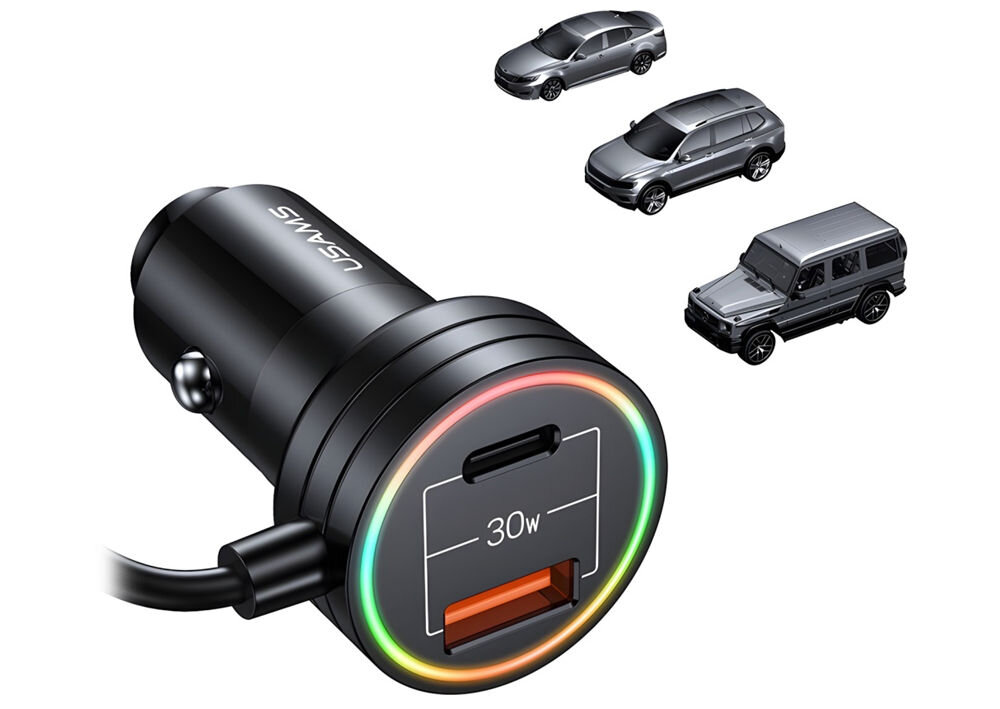 Ładowarka samochodowa USAMS C33 60W Fast Charge Czarny
             ładowarka ze sprężynowym kablem z trzema miniaturowymi samochodami na białym tle
            oświetlenie LED praca przy 12-24V nie jest przeznaczony do użytku w pojazdach z instalacjami powyżej 24V