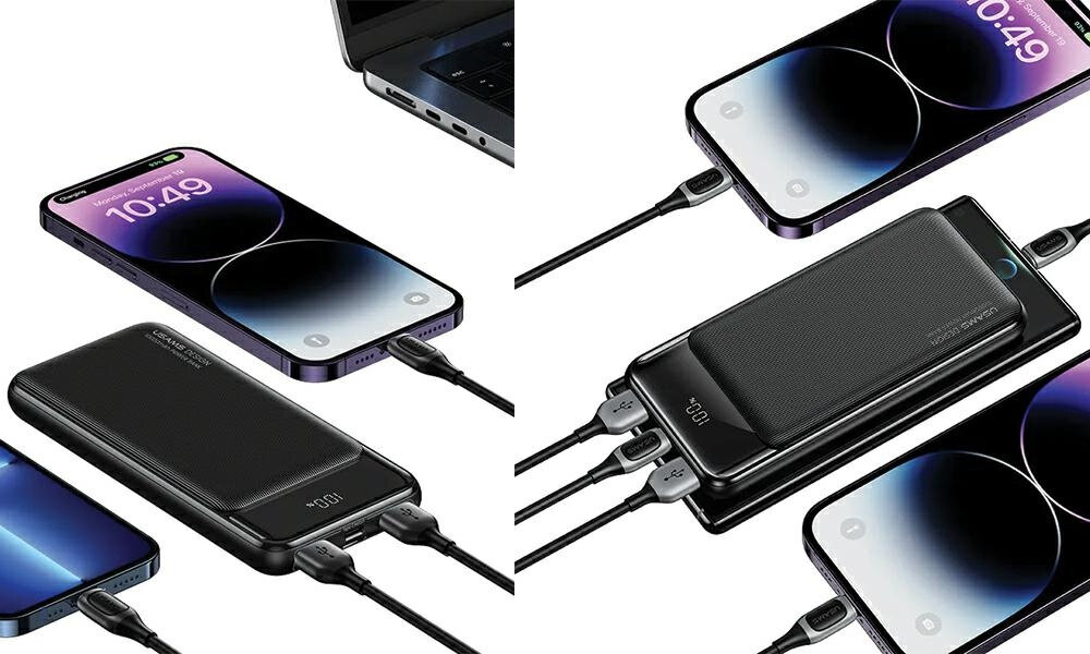 Powerbank USAMS US-CD198 10000mAh 10W Czarny - powerbank na bialym tle, ochrona, technologia ntc, przeciazenia, przeladowania, przepiecia, powerbank podlaczony do urzadzen
