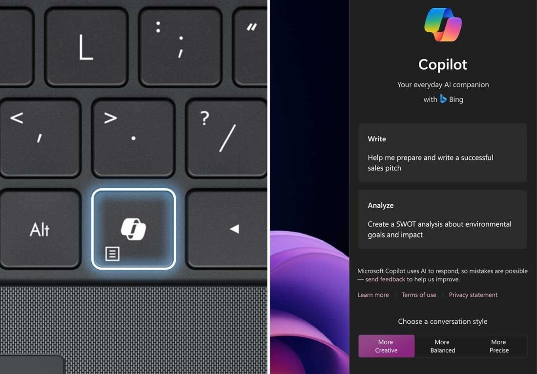 ASUS ExpertBook B1 z klawiaturą i interfejsem Microsoft Copilot, pokazując dedykowany klawisz Copilot i menu AI z funkcjami Write i Analyze - Copilot w systemie Windows 