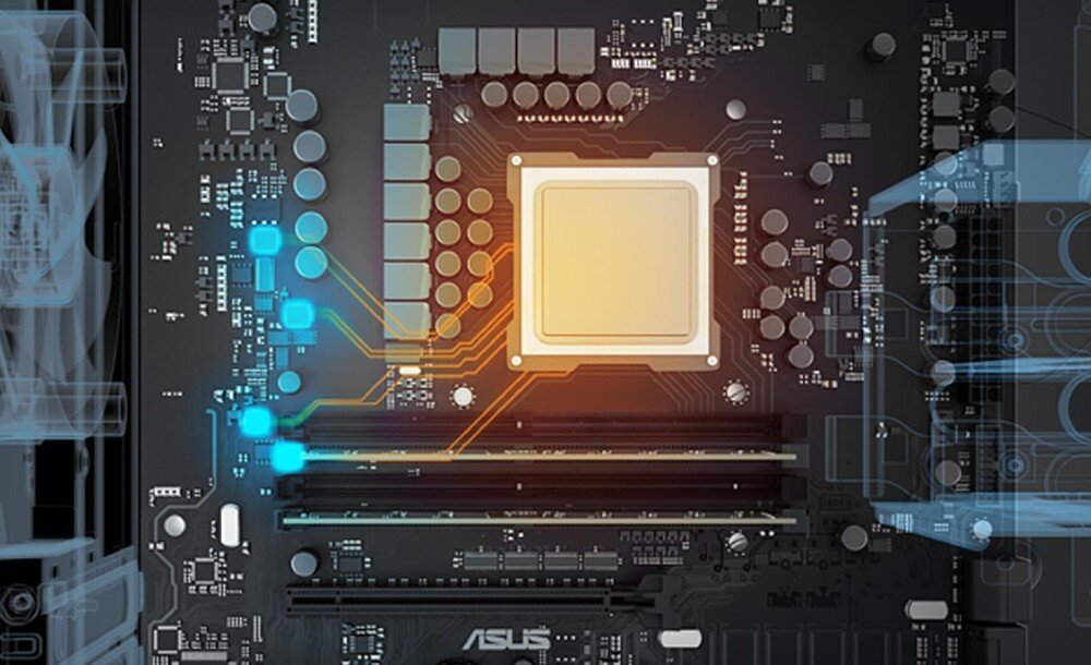 Komputer ASUS ExpertCenter D501MER-514500152X Wizualizacja wnętrza komputera z podświetlonymi ścieżkami płyty głównej i zaznaczonym miejscem montażu procesora, płyta główna