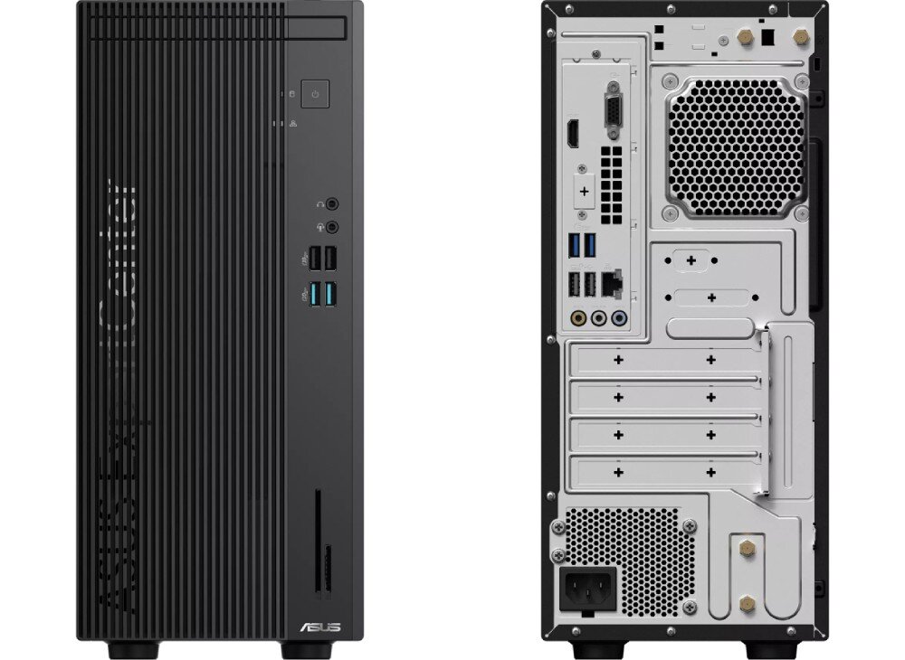 Komputer ASUS ExpertCenter D501MER-514500152X Zdjęcie komputera od przodu i tyłu z widocznymi portami i gniazdami, złącza, podłączenie, łączność