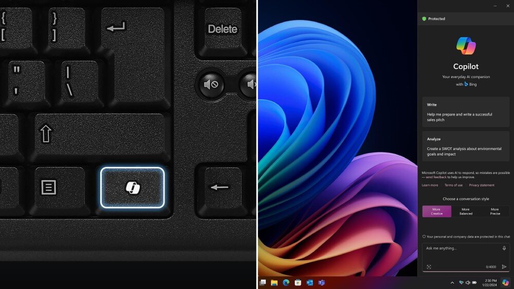 Komputer ASUS ExpertCenter D501MER-514500152X Zbliżenie na klawiaturę z podświetlonym klawiszem 'Copilot' obok zrzutu ekranu przedstawiającego otwarte okno narzędzia AI w systemie Windows, Copilot, asystent AI