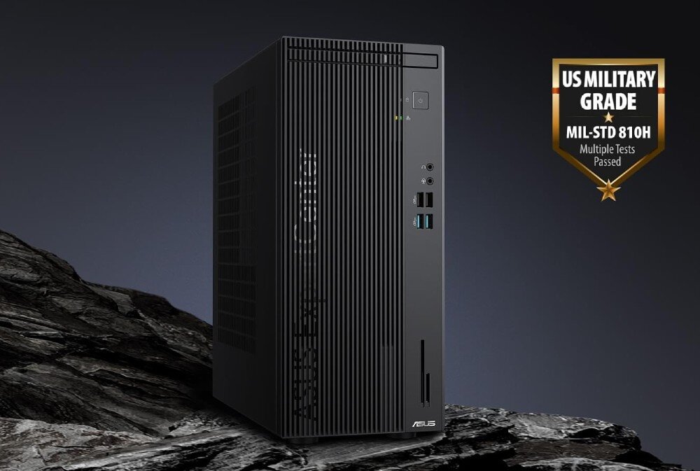 Komputer ASUS ExpertCenter D501MER-514500152X Komputer stacjonarny na tle skał z widocznym oznaczeniem standardu odporności MIL-STD 810H, testy, norma wojskowa