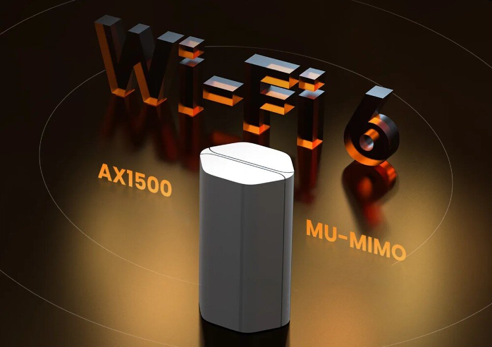 Router TENDA 5G01 Wizualizacja urządzenia sieciowego na tle napisu 'Wi-Fi 6' z dodatkowymi oznaczeniami 'AX1500' i 'MU-MIMO'. Otoczenie utrzymane w ciemnych barwach z pomarańczowymi akcentami, technologia MU-MIMO, sieć Wi-Fi