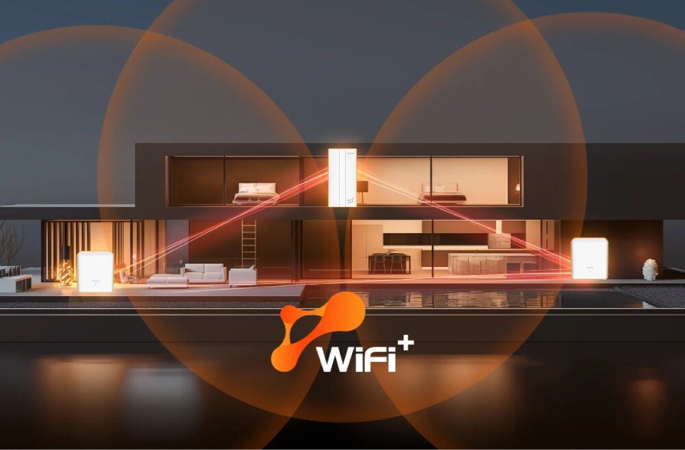 Router TENDA 5G01 Grafika przedstawiająca dom z trzema urządzeniami sieciowymi rozmieszczonymi w różnych pomieszczeniach. Linie i pomarańczowe okręgi symbolizują zasięg i połączenie Wi-Fi między nimi, sieć mesh