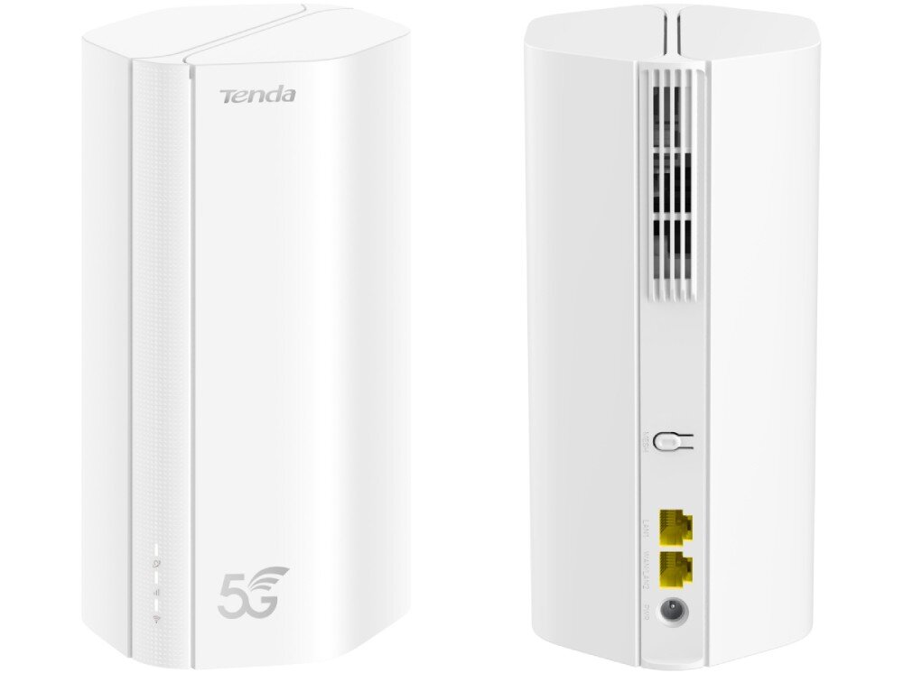 Router TENDA 5G01 Widok przodu i tyłu białego urządzenia sieciowego. Na przodzie widoczny panel LED i logo '5G', z tyłu dwa porty Ethernet, przycisk, gniazdo zasilania i kratka wentylacyjna, funkcje, narzędzia, aplikacja